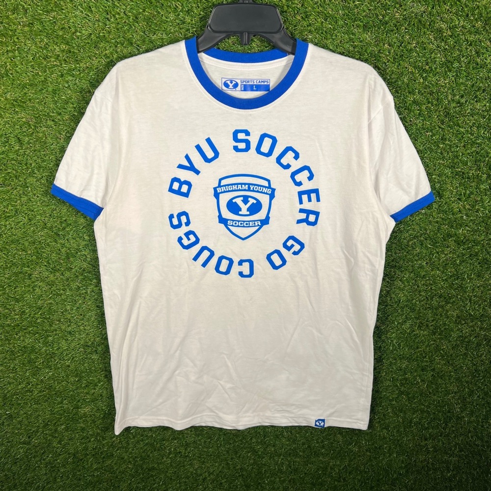 BYU Cougars Soccer Sports‎ Camps T Shirt White Blue Ringer Tee Adult Large